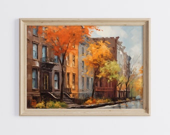 New York Autumn Printable Art, Autumn City Art Print, Autumn Oil Painting, City View Wall Art, Brownstone Houses Painting, Impressionist Art