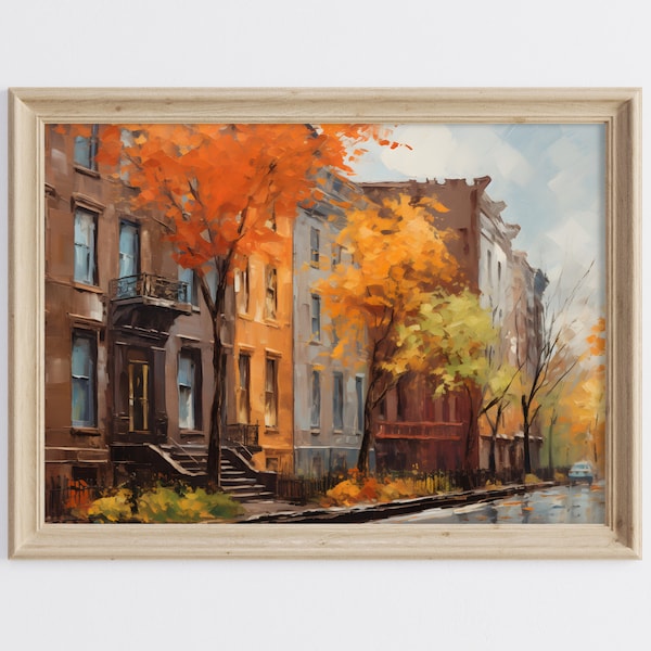 New York Herbst druckbare Kunst, Herbst-Stadt Kunstdruck, Herbst-Ölgemälde, Stadtansicht Wandkunst, Brownstone Häuser Malerei, impressionistische Kunst