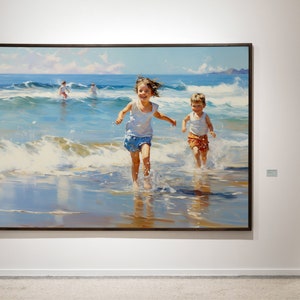 May include: A painting depicting two children running along a beach, with waves breaking around them. The girl is wearing a white vest top and blue shorts, while the boy is wearing a white vest top and orange shorts. The painting is set against a blue sky with white clouds.