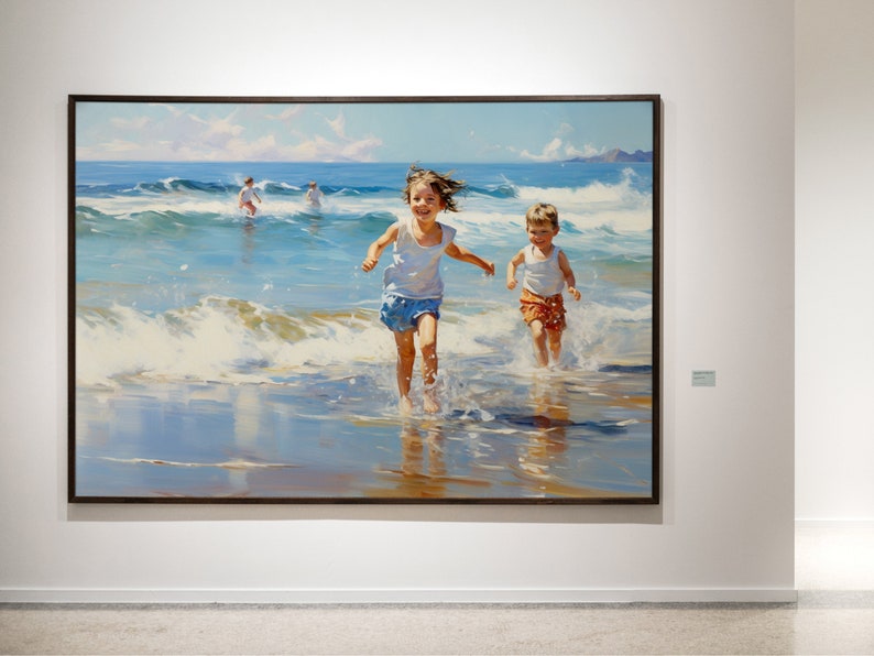 May include: A painting depicting two children running along a beach, with waves breaking around them. The girl is wearing a white vest top and blue shorts, while the boy is wearing a white vest top and orange shorts. The painting is set against a blue sky with white clouds.