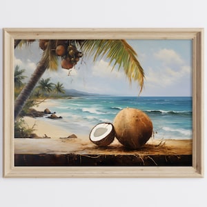Coconut Oil Painting, Coconut Art Print, Palm Tree and Coconut Art, Coastal Printable Art, Beach and Coconut Art Print, Still Life Painting