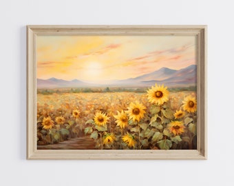 Sunflower Field Painting, Sunflowers Wall Art, Sunflowers Printable Art, Flower Botanical Painting, Rustic Landscape Oil Painting