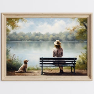Woman on Bench Oil Painting, Woman and Dog Art Print, Vintage Oil Painting, Lake Scenery Art, Retro Oil Painting, Woman Portrait Art Print