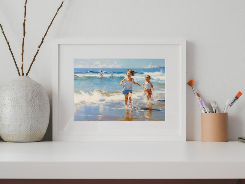 Kids at Beach Printable Art, Summer Beach Art Print, Kids Oil Painting