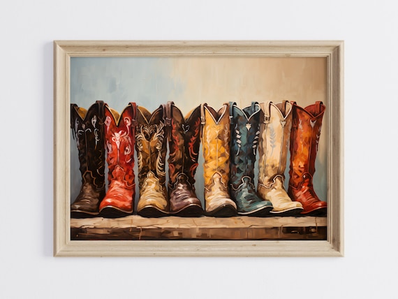 Boots Painting, Cowboy Boots Printable Art, Western Wall Art, Cowgirl Boots Art Print, Rustic Wall Art, Retro Oil Painting, Boots Art Print