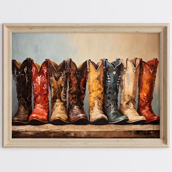 Boots Painting, Cowboy Boots Printable Art, Western Wall Art, Cowgirl Boots Art Print, Rustic Wall Art, Retro Oil Painting, Boots Art Print