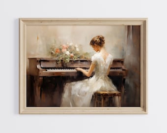Girl Playing Piano Oil Painting, Piano Oil Painting, Girl Playing Piano Printable Art, Vintage Oil Painting, Retro Oil Painting