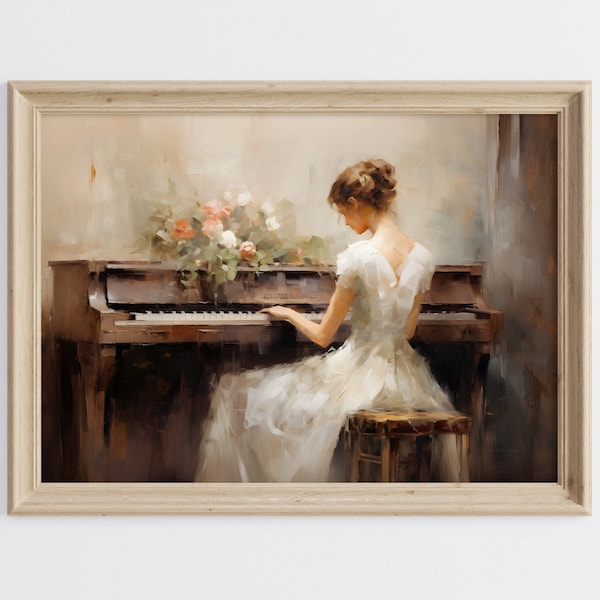 Girl Playing Piano Oil Painting, Piano Oil Painting, Girl Playing Piano Printable Art, Vintage Oil Painting, Retro Oil Painting