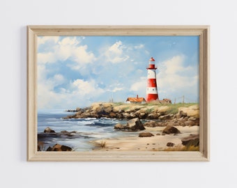 Lighthouse Oil Painting, Red Lighthouse Art Print, Coastal Printable Art, Lighthouse Printable Art, Ocean and Beach Art Print, Impressionist
