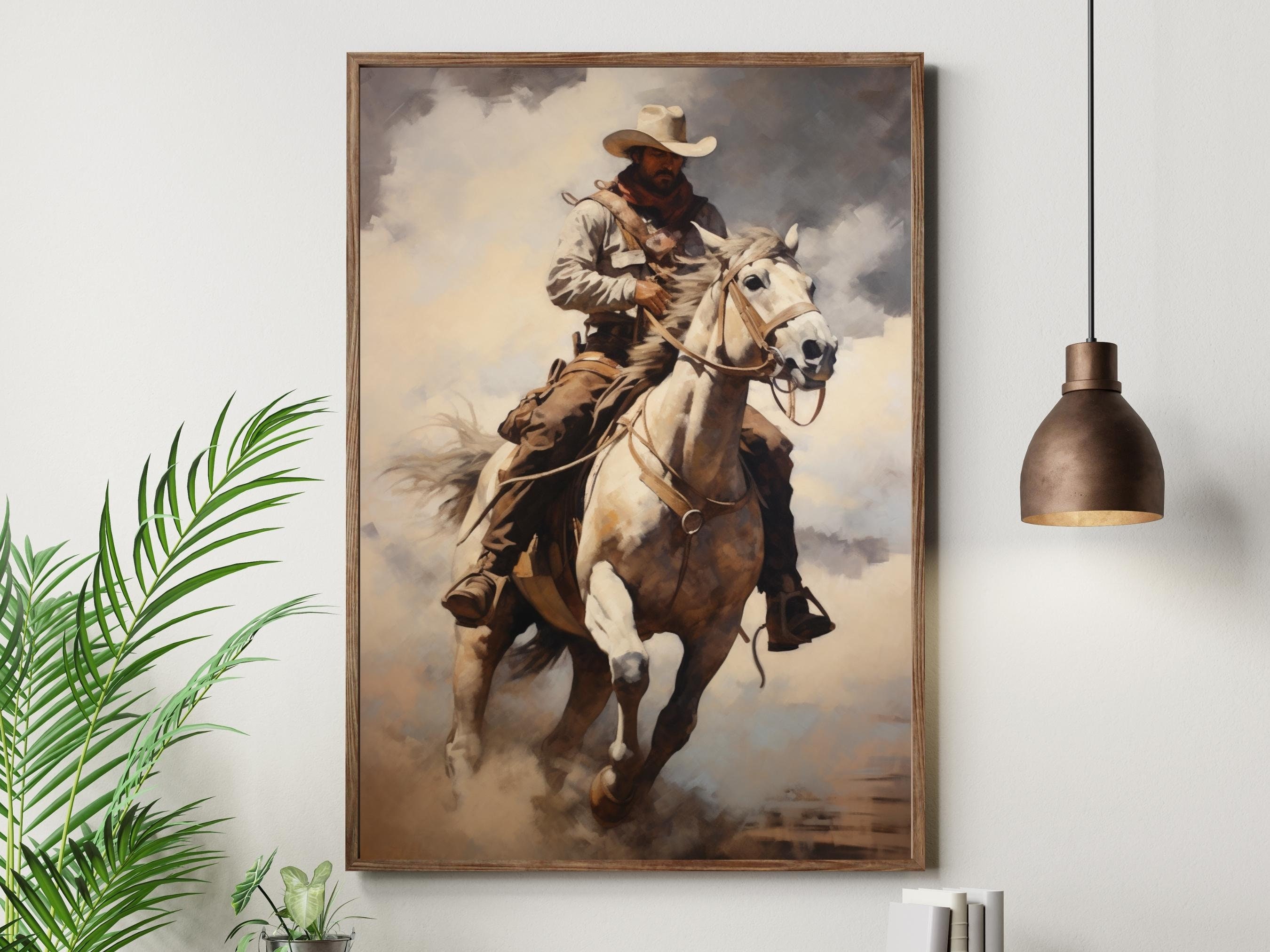 Cowboy Riding Horse Painting, Western Wall Art, Cowboy Art Print ...
