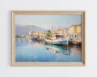 Harbor Boat Printable Art, Harbor Oil Painting, Fishing Boat Art Print, Coastal Boat Wall Art, Vintage Printable Art, Impressionist Art