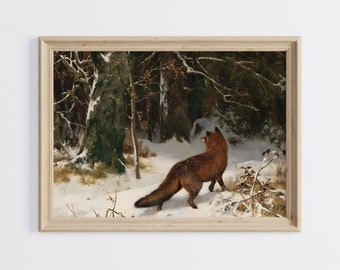 Fox in Winter Painting, Winter Landscape Art Print, Vintage Winter Landscape Art, Fox Art Print, Winter Scenery Wall Art, Vintage Painting