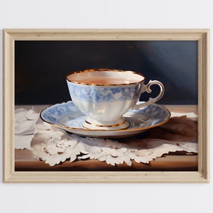 Tea Coffee Art Print, Tea Cup Wall Art, Tea Oil Painting, Kitchen Wall Art, Blue Teacup Printable Art, Still Life Oil Painting