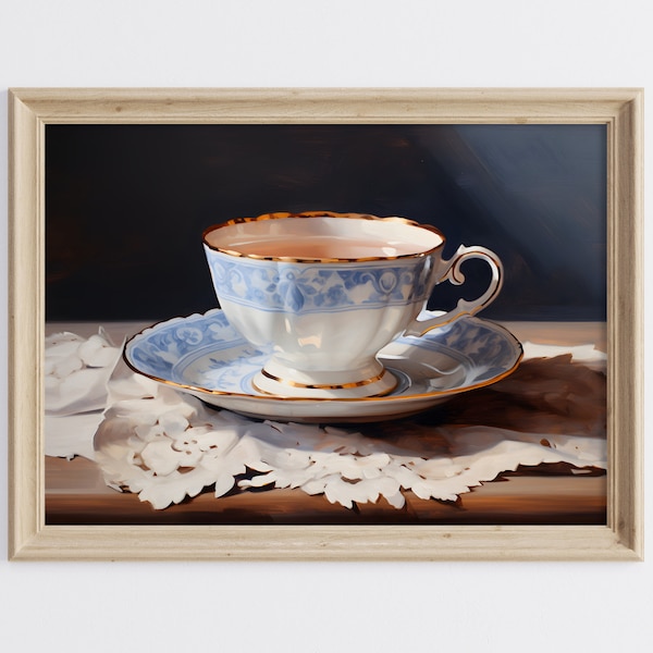 Tea Coffee Art Print, Tea Cup Wall Art, Tea Oil Painting, Kitchen Wall Art, Blue Teacup Printable Art, Still Life Oil Painting