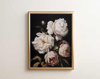 Moody Dark Floral Art Print, Dark Floral Oil Painting, Dark Academia Floral Painting, Still Life Printable Art, Vintage Oil Painting