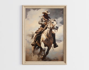 Cowboy Riding Horse Painting, Western Wall Art, Cowboy Art Print, Western Cowboy Painting, Vintage Oil Painting, Rustic Wall Art, Cowboy Art