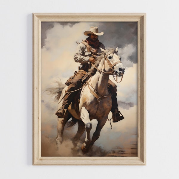 Cowboy Riding Horse Painting, Western Wall Art, Cowboy Art Print, Western Cowboy Painting, Vintage Oil Painting, Rustic Wall Art, Cowboy Art