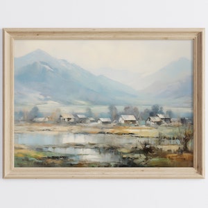 Landscape Natural Wall Art, Landscape Oil Painting, Mountains and Village Printable Art, Landscape Printable Art, Impressionist Painting