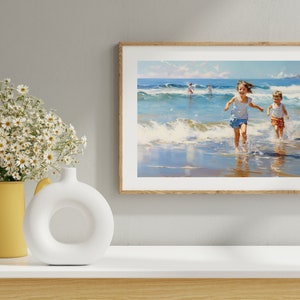 May include: A framed painting depicting two children running through ocean waves. The children are wearing swimwear and smiling. The painting has a blue sky with white clouds in the background.