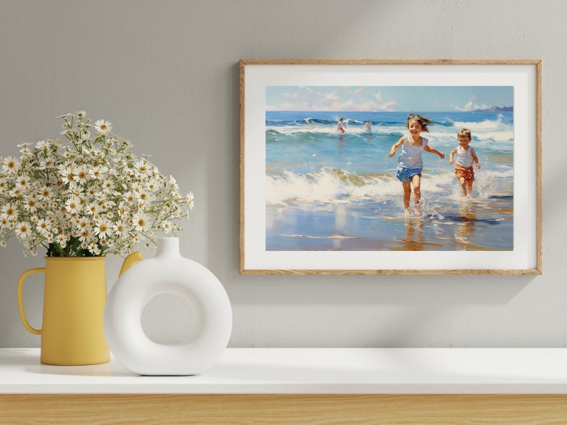 Kids at Beach Printable Art, Summer Beach Art Print, Kids Oil Painting
