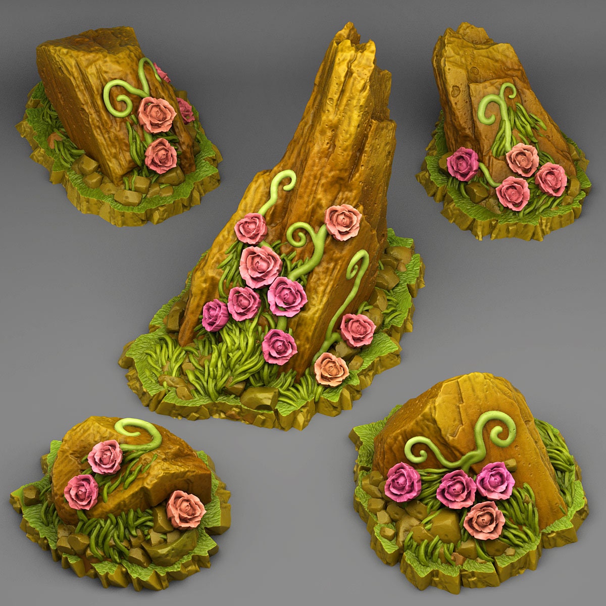 Tabletop miniature figure "Rocks Of Roses" for 28mm scale, available in a set or individually, unpainted stone for terrain with roses, DnD