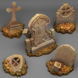 May include: Set of six miniature stone grave markers with various designs, including crosses and a circular design. The markers are painted in a light brown color and are set on a gray background.