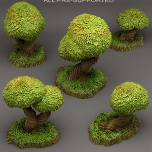 Könnte beinhalten: Miniatur-Fantasy-Bäume mit detailliertem grünen Laub und verdrehten braunen Stämmen. Die Bäume stehen auf quadratischen Sockeln mit grünem Gras und felsigen Rändern. Geeignet für Tabletop-Spiele oder Modelllandschaften.