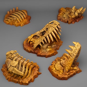 May include: Five miniature dinosaur skeletons are displayed on brown, textured bases. The skeletons are made of a light brown plastic and are partially buried in the bases. The skeletons include a skull with teeth, a rib cage, and a tail.