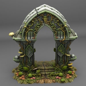 Pode incluir: Um arco de pedra coberto de videiras e cogumelos. O arco está desgastado e tem um arco de pedra rachado. O arco é decorado com entalhes intrincados e é cercado por uma base verde exuberante.