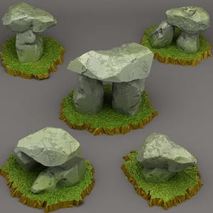 May include: Five miniature stone structures with a green grassy base. Each structure is made of gray stone and resembles a small Stonehenge.