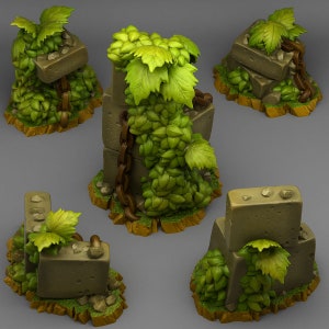 May include: Five miniature stone structures covered in green vines and chains. Each structure is made of stacked rectangular blocks and has a different shape and size.