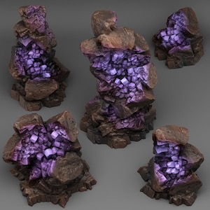 Könnte beinhalten: Fünf verschiedene Felsformationen mit eingebetteten violetten Kristallen. Die Felsen sind braun und grau und haben eine raue Textur.