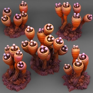 May include: Five sets of orange and pink alien plant life with bulbous tops and long, thin stems. The plants are set on a rocky, brown base.