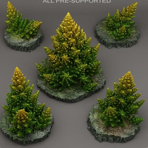 Peut inclure: Cinq arbres miniatures imprimés en 3D avec un feuillage vert et jaune sur des bases de roche grises. Les arbres sont de tailles et de formes différentes.