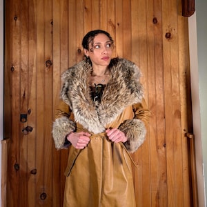 Vintage 60s 70s PennyLane Leather Coat/ Apricot/ Belted/ Fur Collar and Cuffs/ A&M Furriers Canada/ Size Small