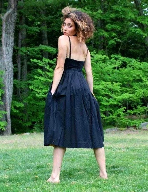 Vintage 60's ROMANTIC Bohemian COLORBLOCK Midi DRESS Size X-Small/ Small / 1960's Black Yellow White with Spaghetti straps/ Large Pockets