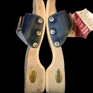 Rare Vintage 70&#39;s Dr Scholl&#39;s Blue Wooden Exercise Sandals Made in Austria/ 1970&#39;s New W Tags Leather Clogs Size 4-4.5/ Large TOE GRIPS
