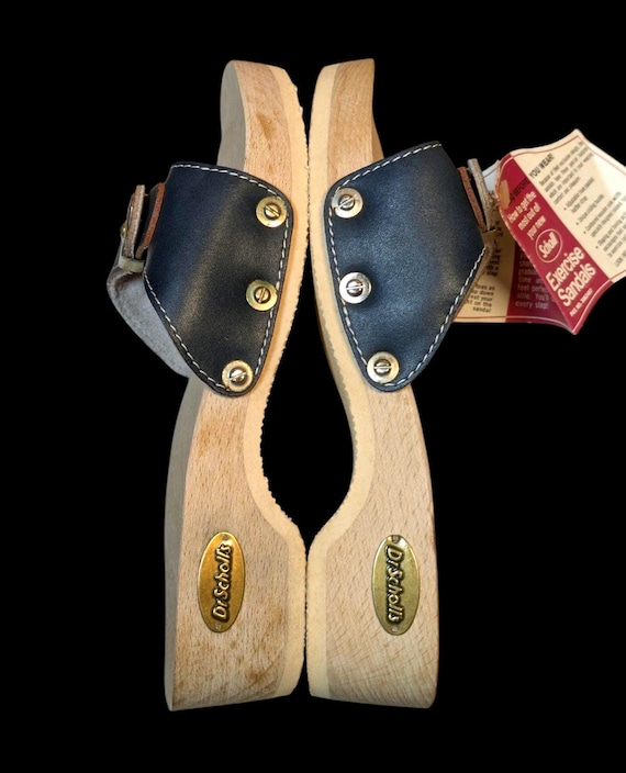 Rare Vintage 70's Dr Scholl's Blue Wooden Exercise Sandals Made in Austria/  1970's New W Tags Leather Clogs Size Large TOE GRIPS