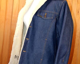 Vintage 70's SEARS and Roeboks Sherpa Lined Denim Jacket/ Chore /Barn Coat/ Boxy/ Dark wash Denim Barn Jacket/ Size 38-42 Small