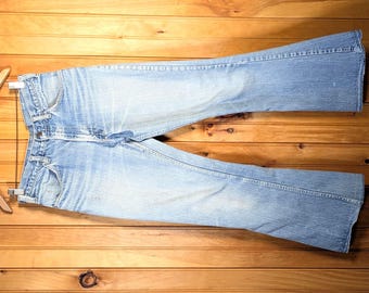 70's Levi's 646 FLARED Jeans/ BEAUTIFUL Light Wash Size 27/28/ Faded, Repaired, Orange Tab: Actual 30.5x29.5"
