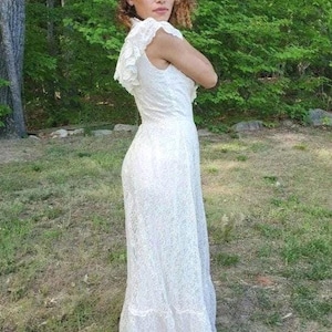 Vintage 70&#39;s Victorian Style White Lace Ruffled Dress/ High Neck/ Sheer/ Size X-Small/Small /  1970&#39;s Floor Length Dress