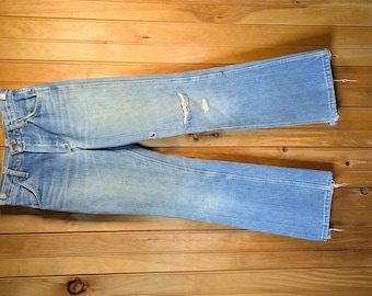 Size 24 Vintage 70's Wrangler Jeans/ BEST FLARED Slim Fit/ FADED & Distressed/ 1970's Mid Rise X- Small Repaired Wrangler/ 26x29.5