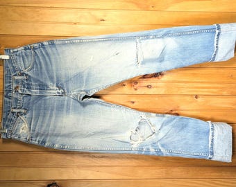 Wrangler-jeans uit de jaren 60: slim fit, gerepareerd/gepatcht, gemaakt in de VS, TAGGED 33 x 34, ACTUAL: 30 x 31 inch