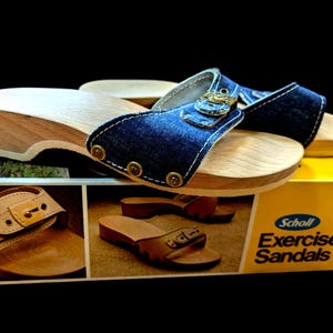 SUPER RARE Special Vintage 70s Denim Dr.Scholl&#39;s Wooden Exercise Sandals/ Size 7-7.5/ New In Box/ Made in Austria/ Scholl&#39;s Large TOE Grip