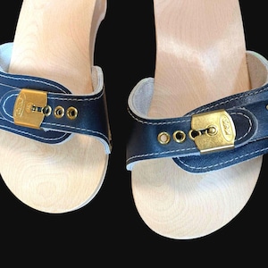 Rare Vintage 70&#39;s Dr. Scholl&#39;s Wooden Exercise Sandals Size 5-5.5 Made in Austria BLUE/ New Old Stock Box With Tags/ Scholl Raised TOE GRIPS
