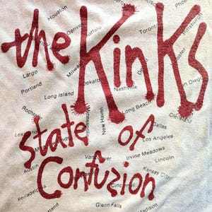 Vintage 80&#39;s THE KINKS t-shirt/ State of CONFuSION US Tour &#39;83/ Double Sided Thin Raglan Sleeve/ Red White Blue Band Tee/ Size Small