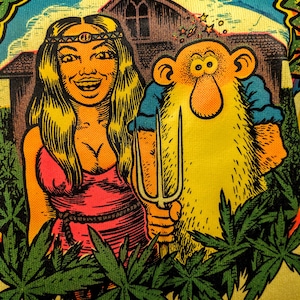 May include: Yellow t-shirt with a colourful graphic featuring a woman and a cartoon character holding a trident. The design includes a church, cannabis leaves, and text in a rainbow arch. The artwork is signed "Rasch '72".
