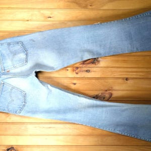 70s Vintage Levi's 646 Slim Fit FLARED- Distressed Light Wash+PAINT Marks, Orange Tab: ACTUAL 27x30.25"
