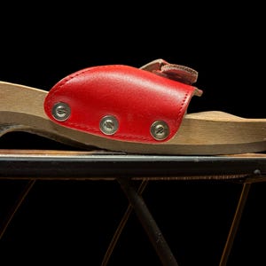 Rare Vintage 70&#39;s Dr. Scholl&#39;s Wooden Exercise Sandals Made In Austria Size 8-8.5 RED/ 1970s Scholl Clogs Raised TOE GRIPS