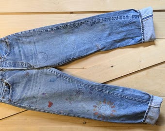80's Levi's 501 Selvedge Jeans/ Painted, Boho, Hippie, Distressed/ Rare X Small Levi's Button Fly Jeans/ Red Tab MADE IN USA Actual 25x29.25